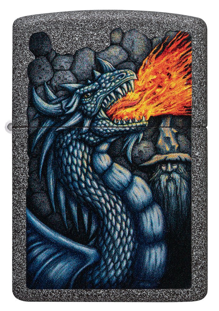 Front shot of Fiery Dragon Design Iron Stone Windproof Lighter.