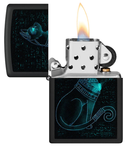 Zippo Black Light Spiritual Cat Design Black Matte Windproof Lighter with its lid open and lit.
