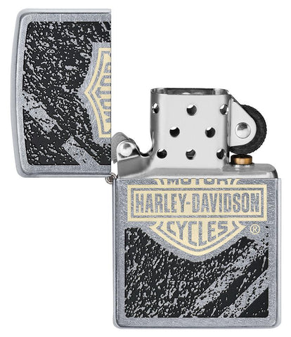 Harley-Davidson® Bar & Shield Asphalt Street Chrome™ Windproof Lighter with its lid open and unlit.