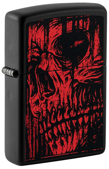 Front shot of Red Skull Design Black Matte Windproof Lighter standing at a 3/4 angle.