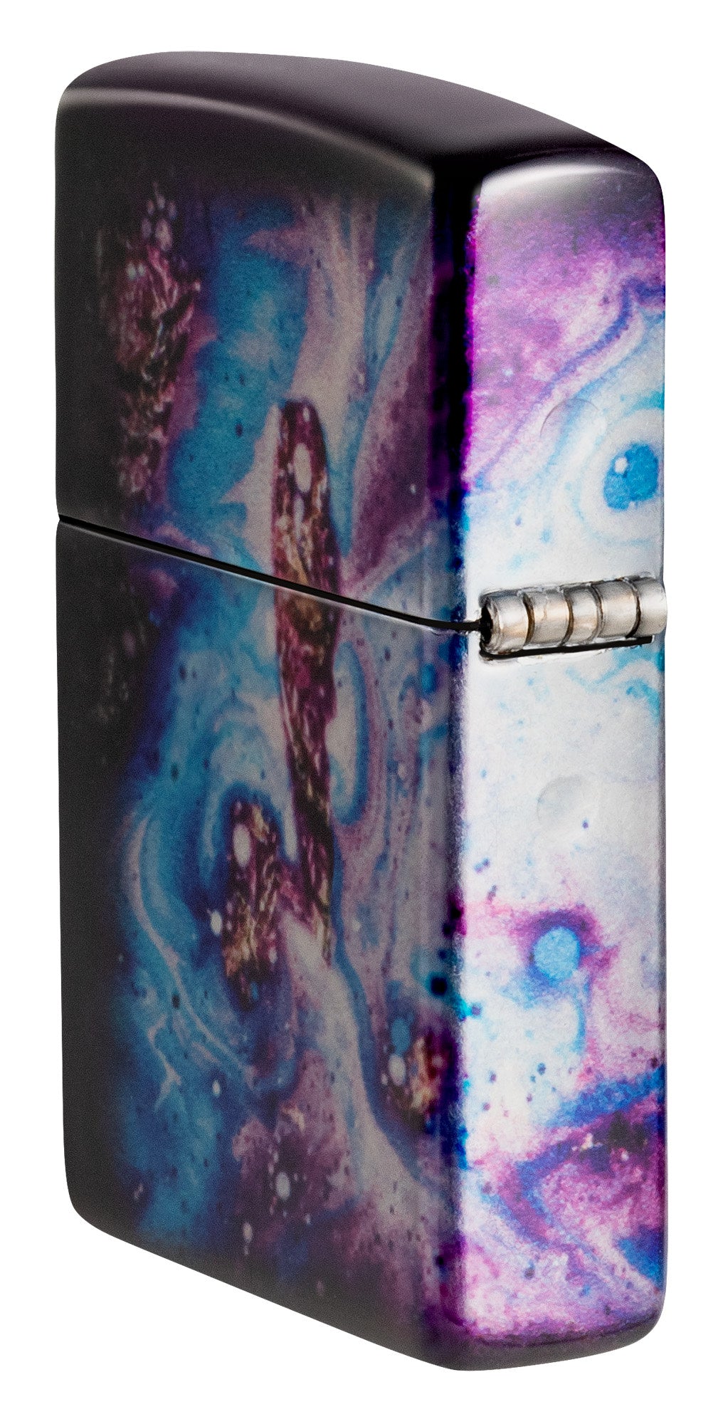 Angled shot of Zippo Universe Astro Design 540 Fusion Windproof Lighter showing the back and hinge side of the lighter.