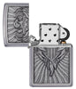 Eagle Shield Emblem Design Street Chrome™ Windproof Lighter with its lid open and unlit