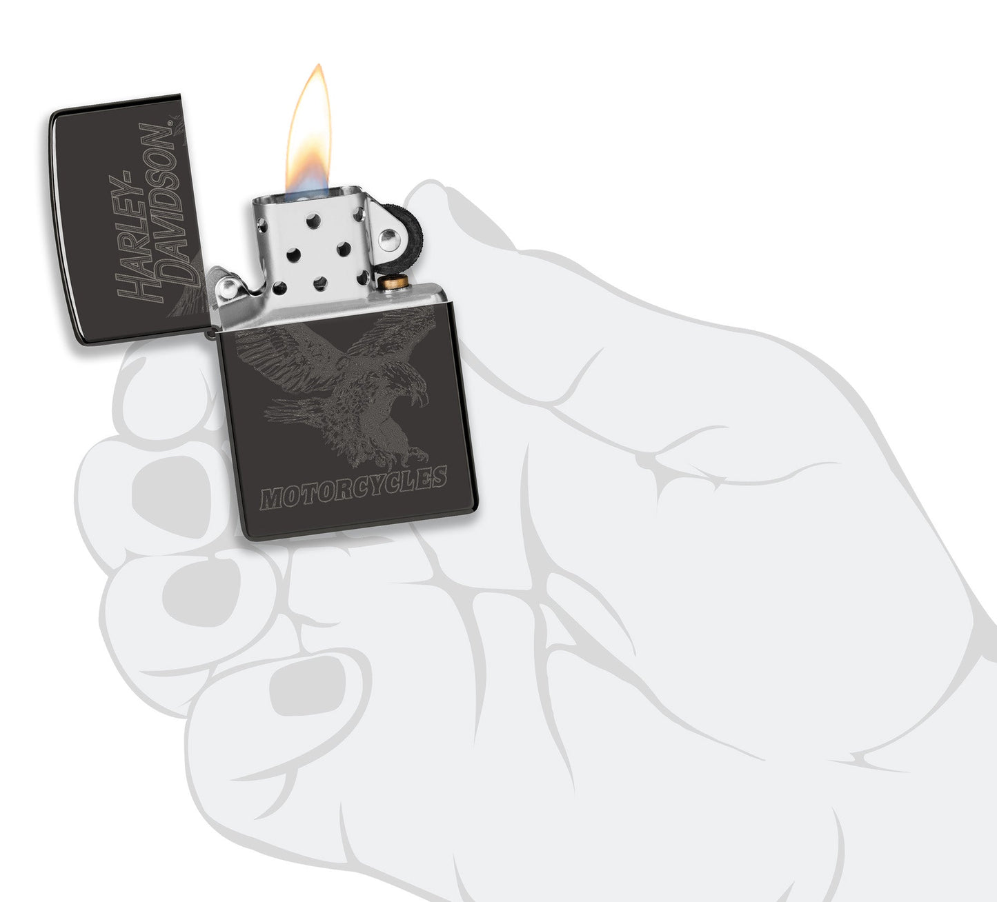 Zippo Harley-Davidson Laser Fancy Fill High Polish Black Windproof Lighter lit in hand.